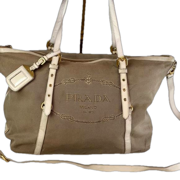 Prada Handbags - 💯 Authentic Prada Beige/Brown Jacquard Logo Canvas and Leather Bow Top handle